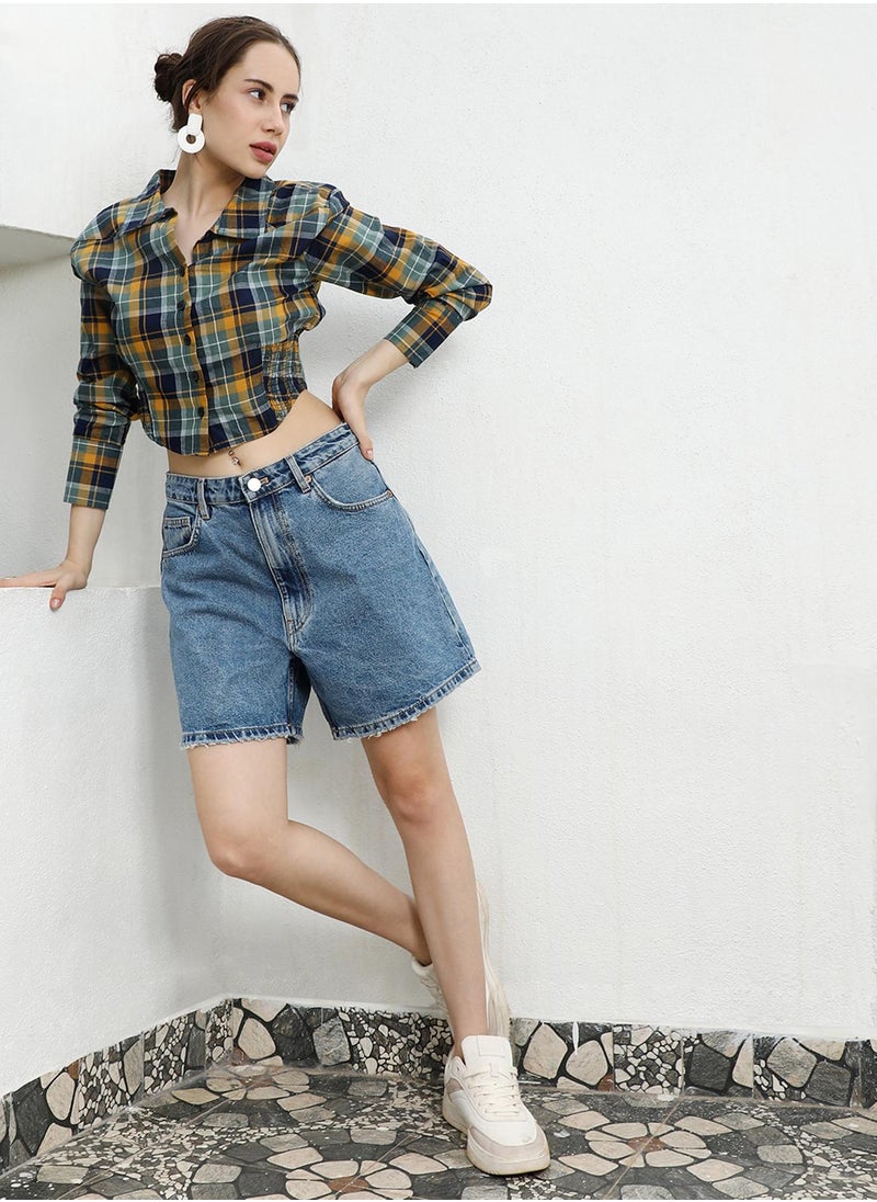 Women's Multicolour Tartan Plaid Cinched Cropped Shirt