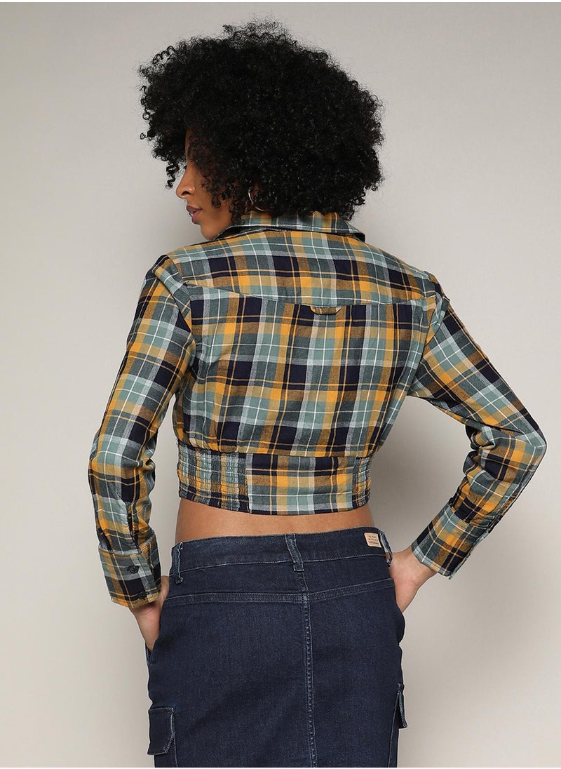 Women's Multicolour Tartan Plaid Cinched Cropped Shirt