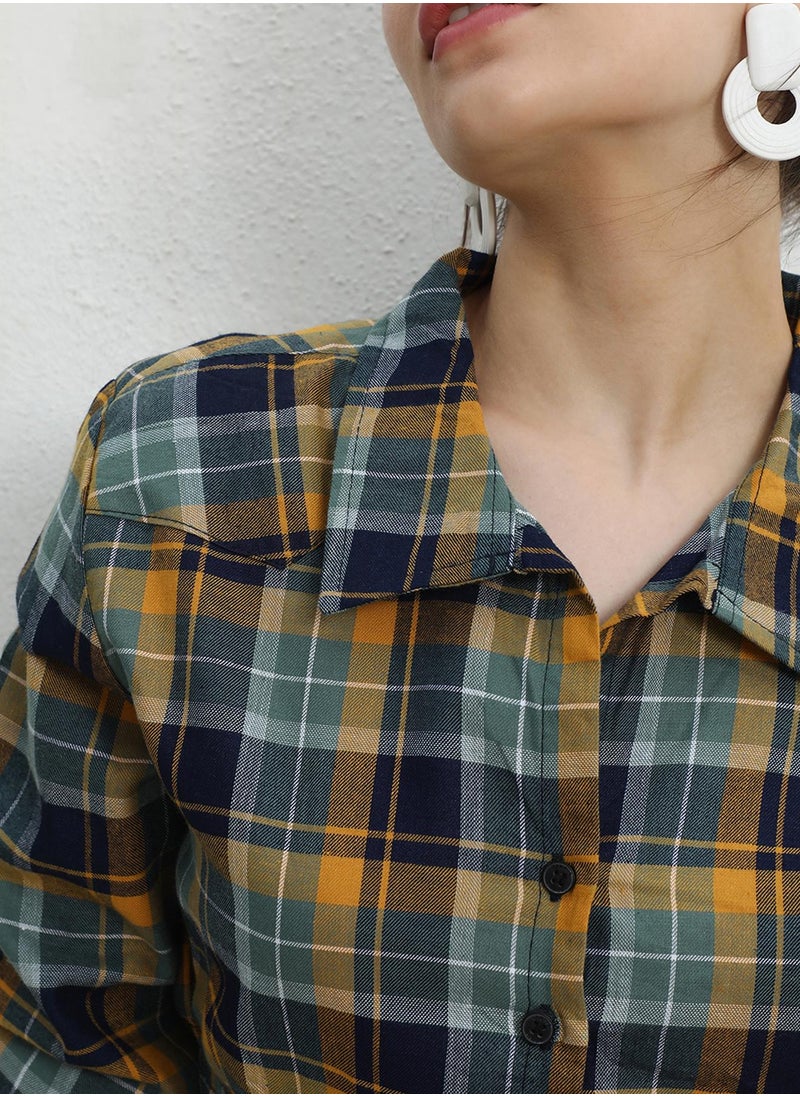 Women's Multicolour Tartan Plaid Cinched Cropped Shirt