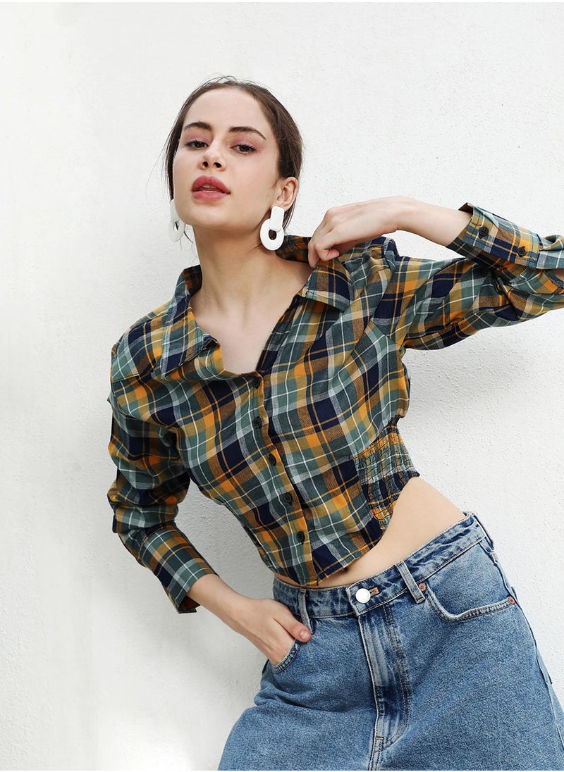 Women's Multicolour Tartan Plaid Cinched Cropped Shirt