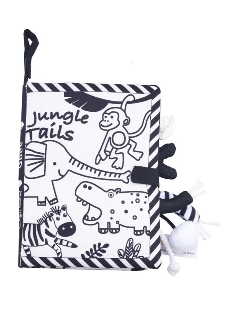 Baby Animal Tail Cloth Book Educational Toy Book Tear-resistant Baby Cloth Book Enlightenment Early Education Toy Book,Black White Jungle Tail