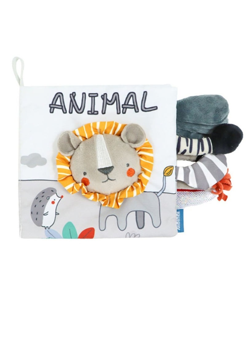 Baby Animal Tail Cloth Book Educational Toy Book Tear-resistant Baby Cloth Book Enlightenment Early Education Toy Book,Gray White Lion