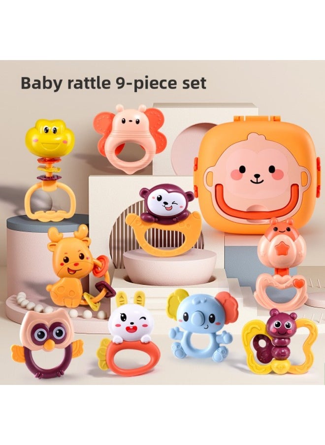 Newborn Children's Hand Rattle Baby Toy Puzzle Early Education Grasping Baby's Bite Glue Rattle Puzzle Set-Color:Tooth Glue Rattle 9-piece Set [cartoon Storage Box]]