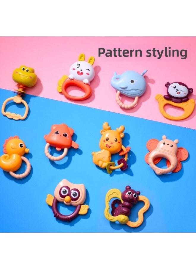 Newborn Children's Hand Rattle Baby Toy Puzzle Early Education Grasping Baby's Bite Glue Rattle Puzzle Set-Color:Tooth Glue Rattle 9-piece Set [cartoon Storage Box]]