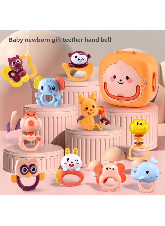 Newborn Children's Hand Rattle Baby Toy Puzzle Early Education Grasping Baby's Bite Glue Rattle Puzzle Set-Color:Tooth Glue Rattle 9-piece Set [cartoon Storage Box]]
