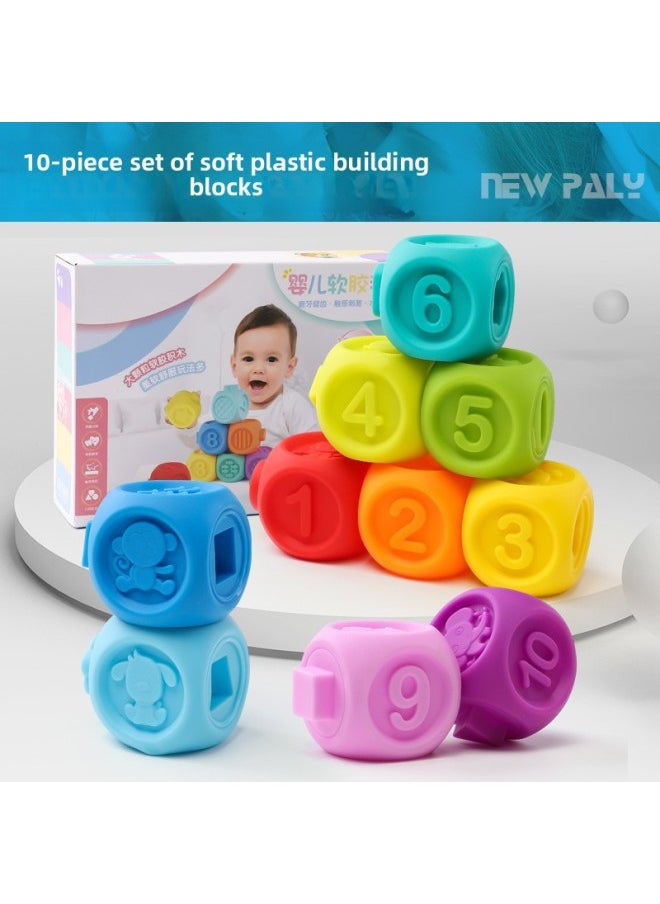 Baby Building Blocks Soft Rubber Can Chew 6-12 Months Baby Toys 1-3 Years Old Children's Educational Toys Stacking Music-Color:Baby Soft Rubber Building Blocks