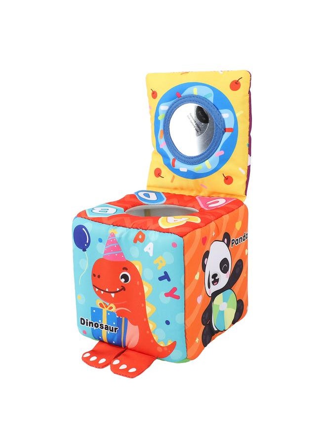 Baby Tissue Box Toy Cute Cartoon Early Educational Soft Stuffed Sensory Toys with 8 Scarves 3 Tissues for Infants Toddlers Christmas Shower Gifts Dinosaur