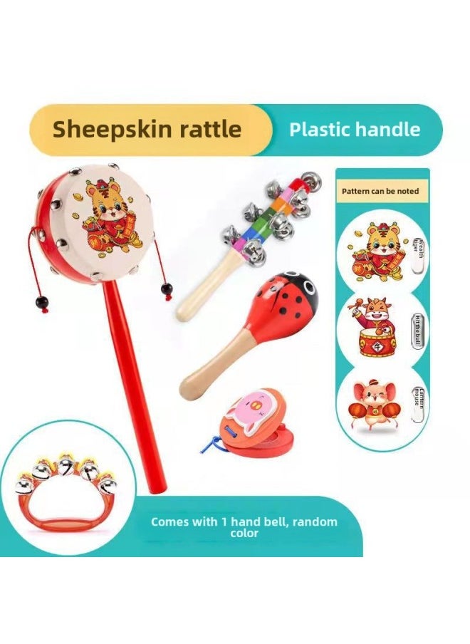 Rattle Drum Newborn Baby Can Gnaw Old Sheepskin Drum Baby 1 Year Old Wooden Traditional Handbell Toy Children-color:Plastic Goatskin Auspicious Tiger + Stick Bell + Wooden Sand Hammer + Wooden Castanet