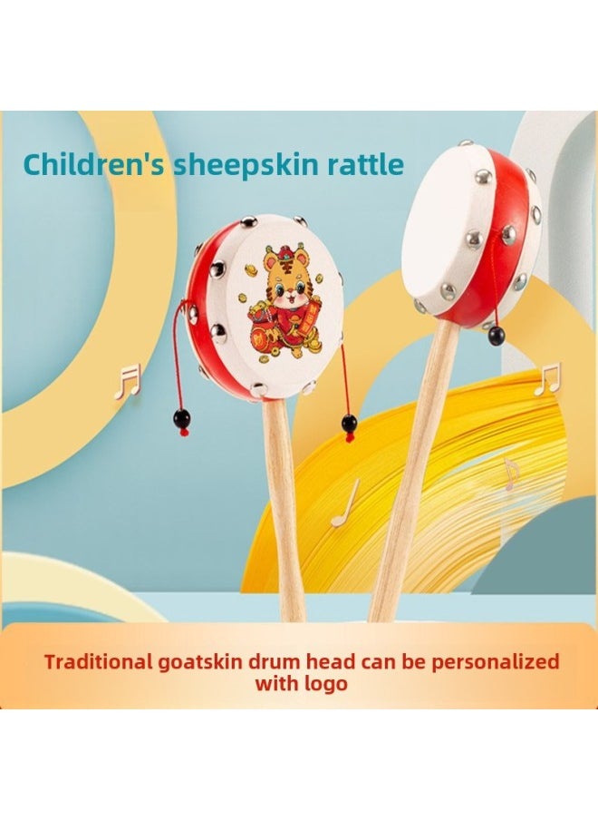 Rattle Drum Newborn Baby Can Gnaw Old Sheepskin Drum Baby 1 Year Old Wooden Traditional Handbell Toy Children-color:Plastic Goatskin Auspicious Tiger + Stick Bell + Wooden Sand Hammer + Wooden Castanet