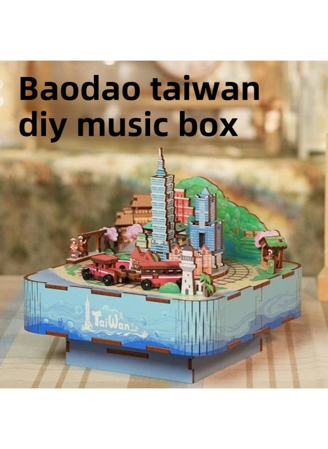 Assembled Music Box Cat's Happy Gathering Handmade Music Box Building Blocks Assembled Birthday Model Ornaments Manufacturers Straight Postage-Colour:Treasure Island Taiwan-music [girl From Alishan]-Size:Unpacked, Non-returnable, Non-exchangeable