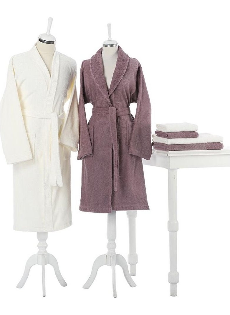 - Cotton Orkide Family Bathrobe Set Cream & Plum