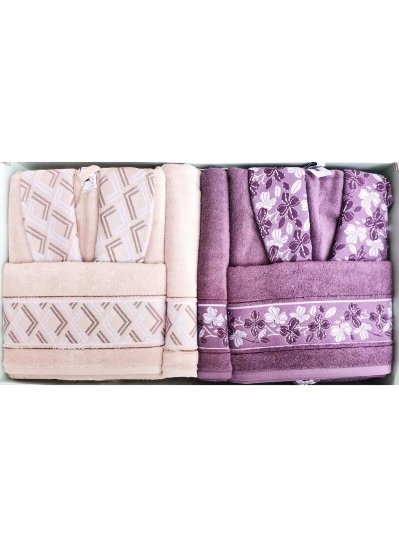 Fiore Line Beige-Purple Family Set Bathrobe Set