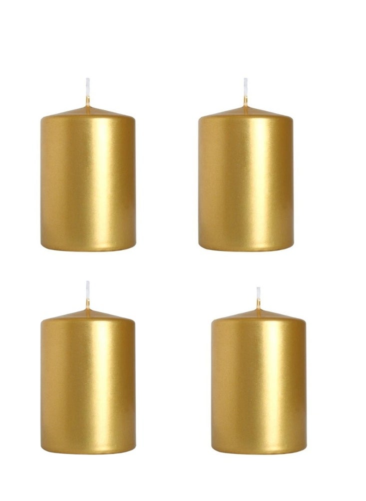 Premium Quality Unscented Metallic Gold Pillar Candles - Long Burning Hours, Decorative, SPA - Dripless Clean Burning Dinner Candle | Dripless Decorative Candles for Wedding, Party, Birthday & Home Decor | Set of 4