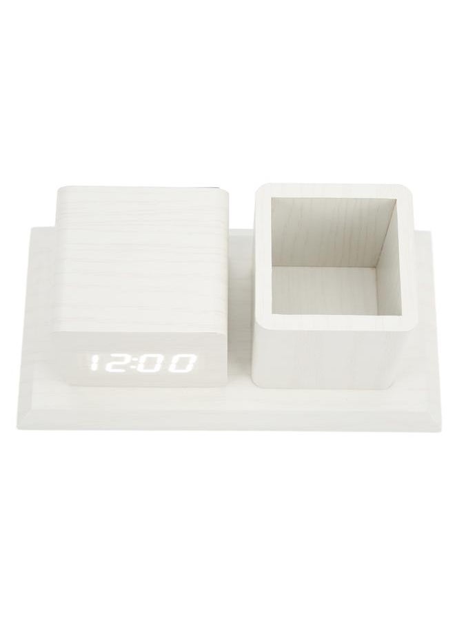Pen Holder Clock Temperature Calendar Display 3 Level Brightness Adjustment Voice Control LED Digital Alarm Clock White Wood White Light