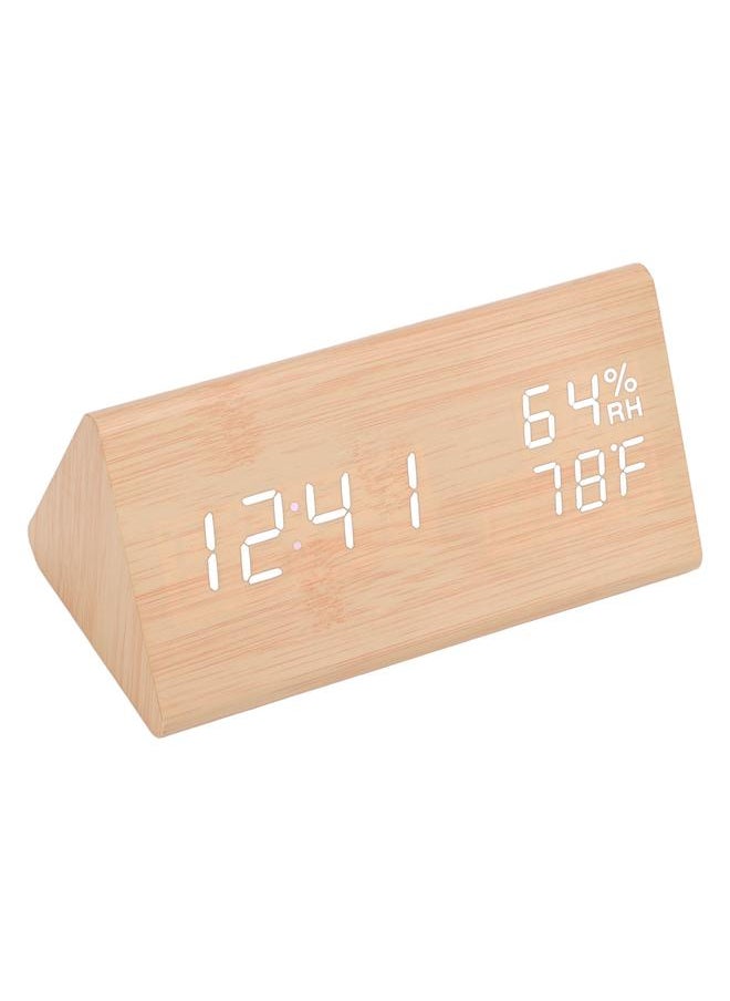 Triangular Digital Wooden Clock Time Date Temperature Humidity Display Alarm Function Voice Control LED Wood Clock
