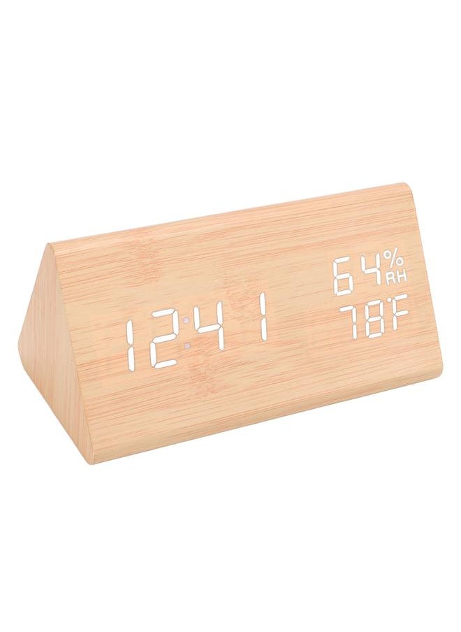 Triangular Digital Wooden Clock Time Date Temperature Humidity Display Alarm Function Voice Control LED Wood Clock