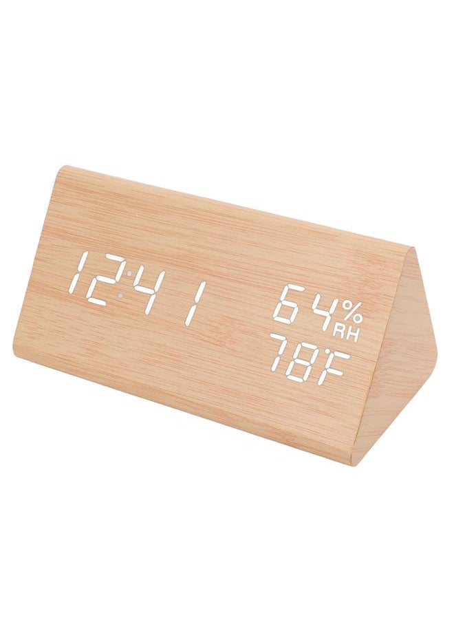 Triangular Digital Wooden Clock Time Date Temperature Humidity Display Alarm Function Voice Control LED Wood Clock