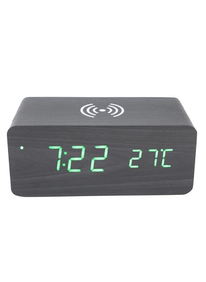 Wooden Clock Alarm Mobile Phone Wireless Charging Wood Voice Control MultifunctionalBlack Wooden Green Light