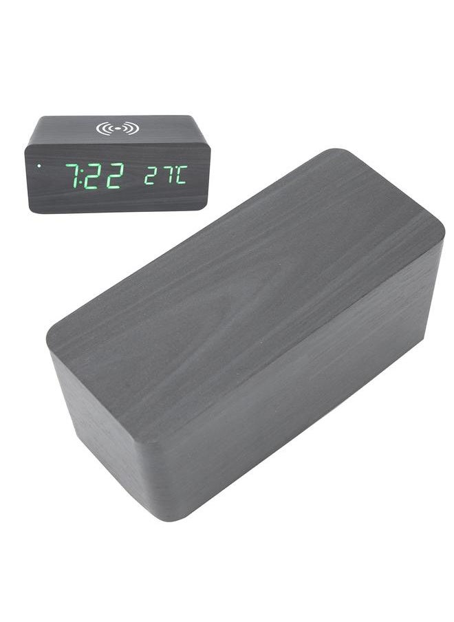Wooden Clock Alarm Mobile Phone Wireless Charging Wood Voice Control MultifunctionalBlack Wooden Green Light