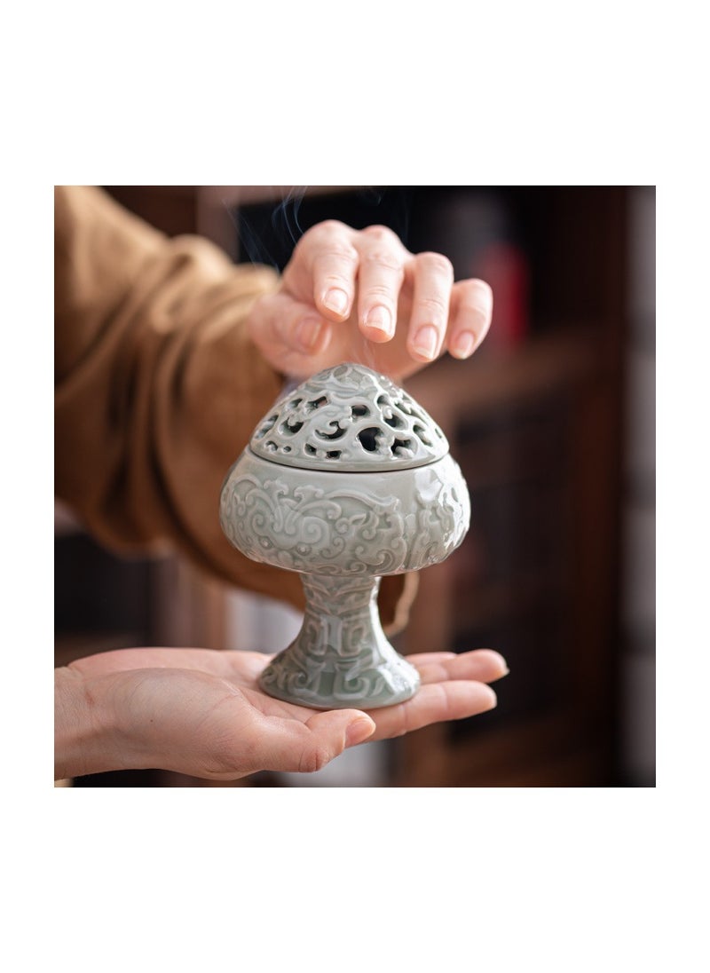 Celadon carving three-legged stove home ceramic aromatherapy stove indoor sandalwood incense stove creative tea ceremony incense ornaments