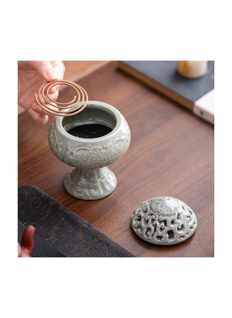 Celadon carving three-legged stove home ceramic aromatherapy stove indoor sandalwood incense stove creative tea ceremony incense ornaments