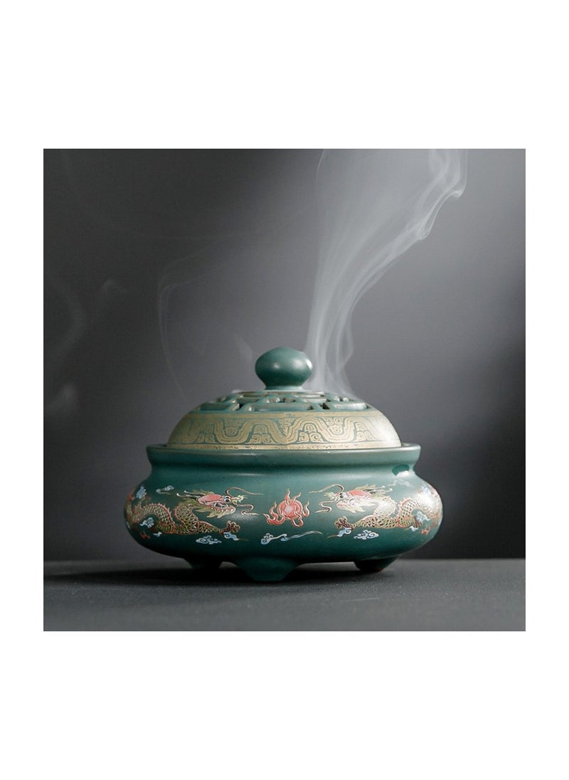 Ceramic cloisonne incense burner back-flow incense burner incense burner incense insert incense road enamel/No.1 dragon enamel green (with fireproof cotton)