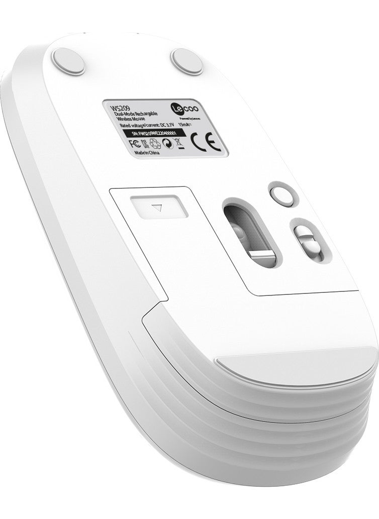 Lenovo WS209 Dual Mode 2.4GHz WiFi + Bluetooth 6-Button 1600DPI Rechargeable Silent Compact Wireless Optical Mouse White