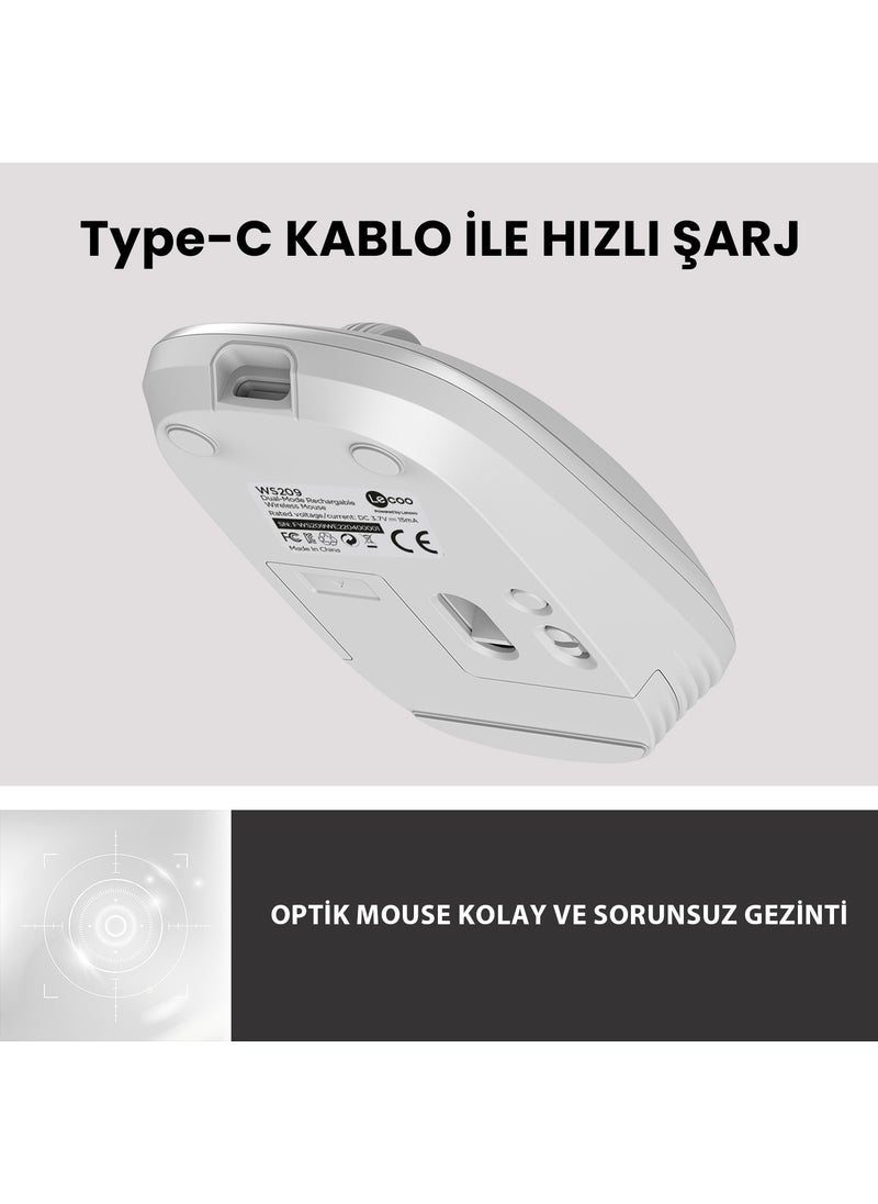 Lenovo WS209 Dual Mode 2.4GHz WiFi + Bluetooth 6-Button 1600DPI Rechargeable Silent Compact Wireless Optical Mouse White