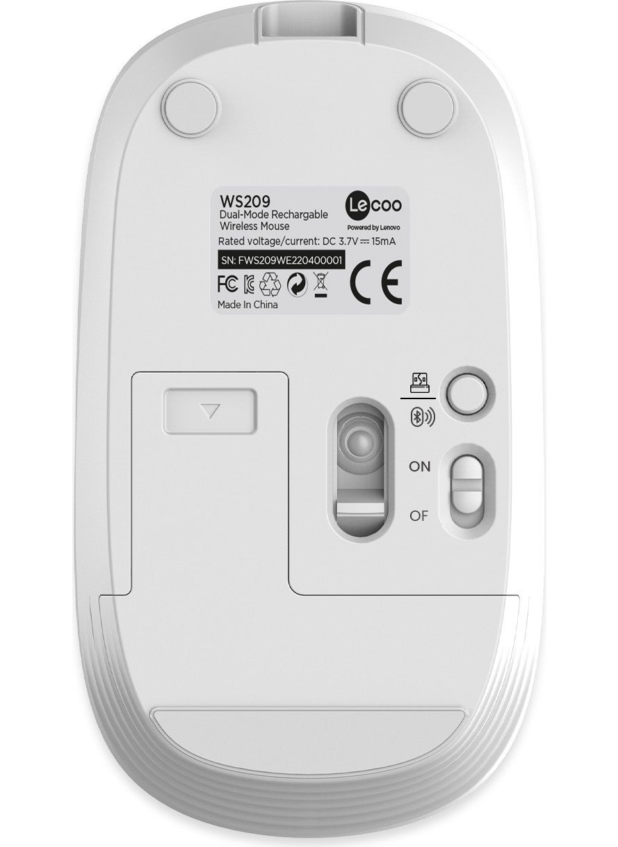 Lenovo WS209 Dual Mode 2.4GHz WiFi + Bluetooth 6-Button 1600DPI Rechargeable Silent Compact Wireless Optical Mouse White