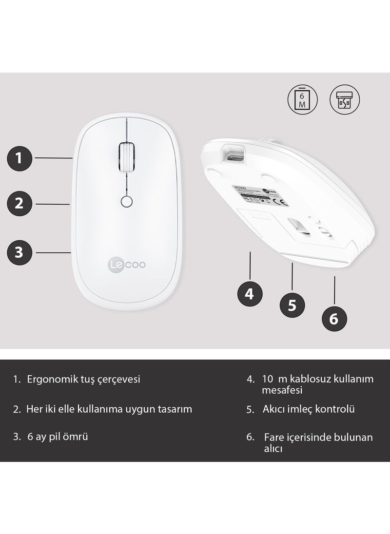 Lenovo WS209 Dual Mode 2.4GHz WiFi + Bluetooth 6-Button 1600DPI Rechargeable Silent Compact Wireless Optical Mouse White