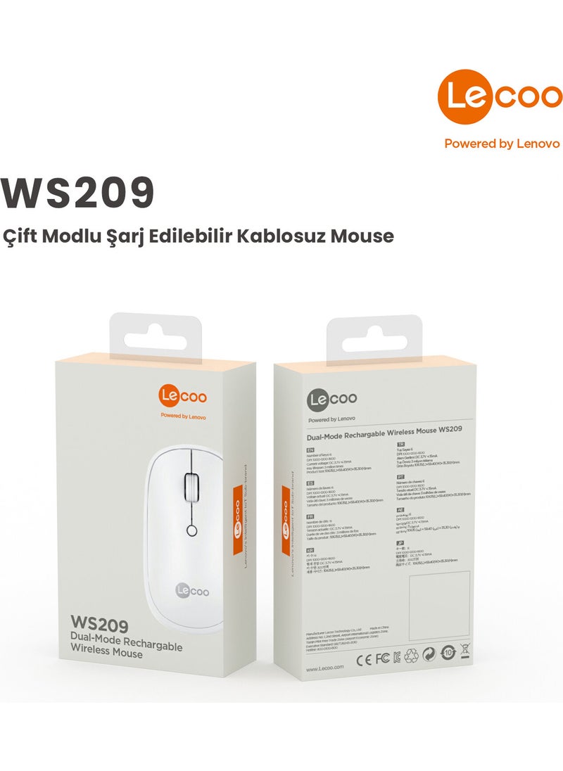 Lenovo WS209 Dual Mode 2.4GHz WiFi + Bluetooth 6-Button 1600DPI Rechargeable Silent Compact Wireless Optical Mouse White