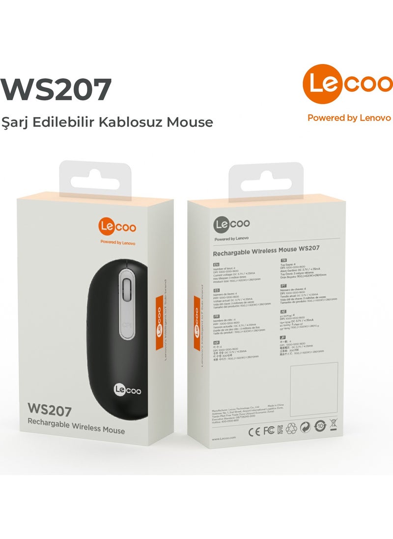 Lenovo WS207 Rechargeable Wireless 1600DPI 4-Button Silent Compact Optical Mouse Black