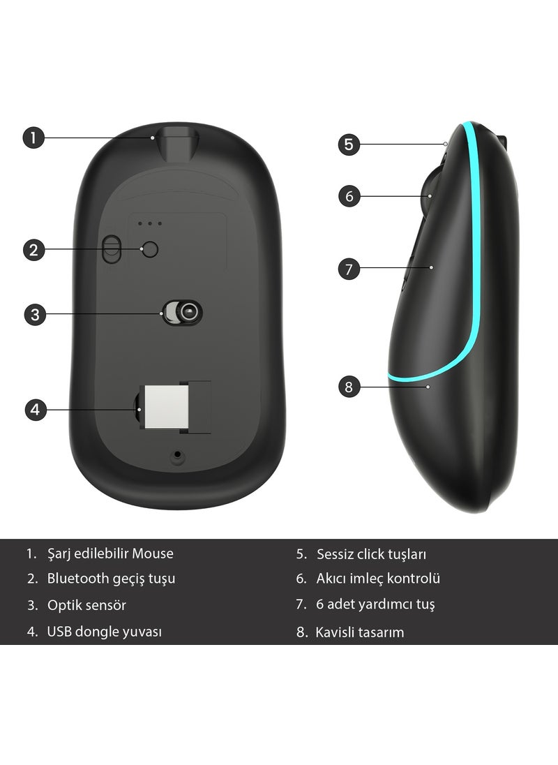 WS210 Dual Mode RGB 2.4GHz WiFi + Bluetooth 1600DPI 6 Key Rechargeable Silent Compact Wireless Optical Mouse Black