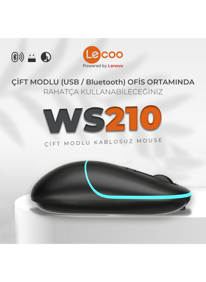 WS210 Dual Mode RGB 2.4GHz WiFi + Bluetooth 1600DPI 6 Key Rechargeable Silent Compact Wireless Optical Mouse Black