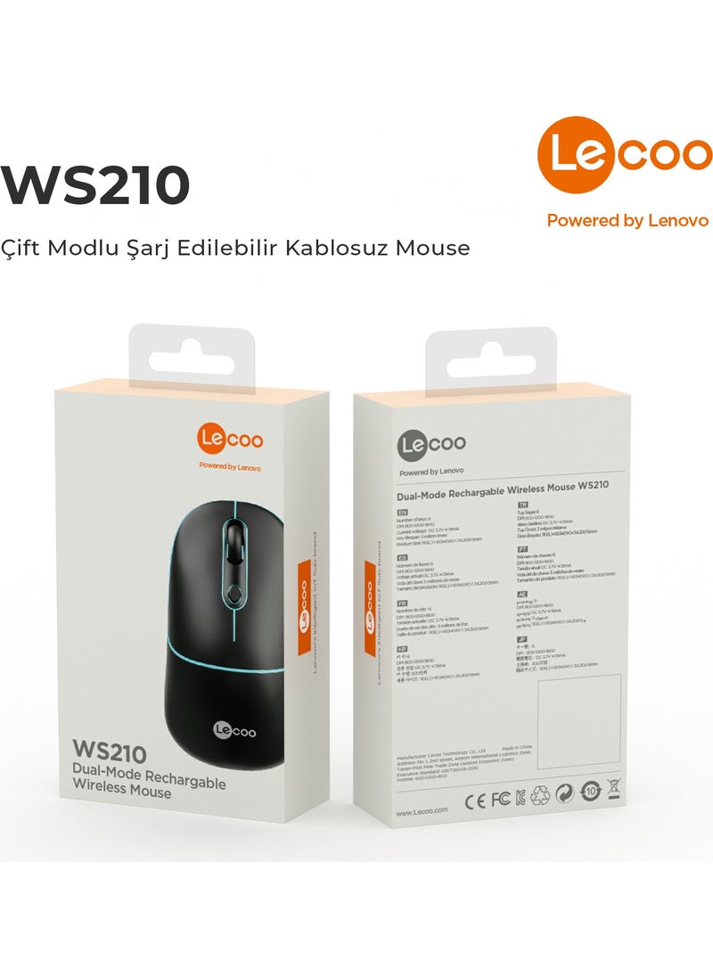 WS210 Dual Mode RGB 2.4GHz WiFi + Bluetooth 1600DPI 6 Key Rechargeable Silent Compact Wireless Optical Mouse Black