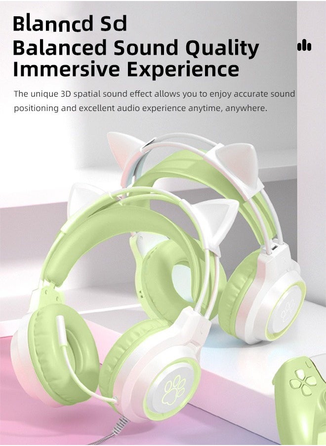 Wired Bluetooth Gaming Headset with Microphone, Cat Ear Headphones with RGB LED Light Stereo Sound Over Ear Headphones