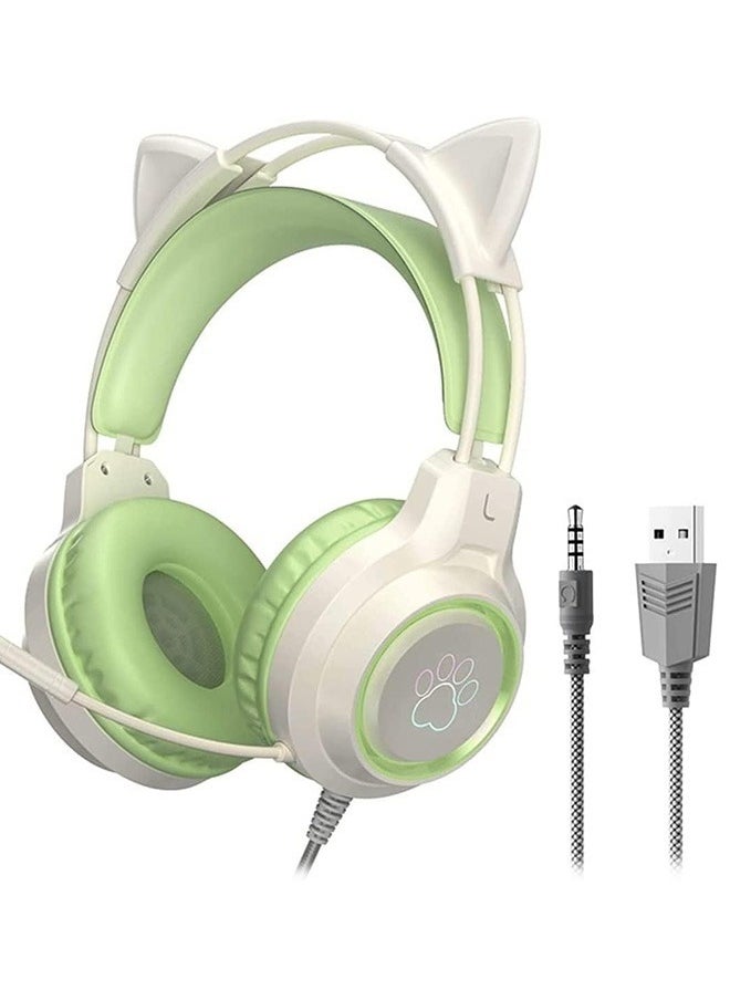 Wired Bluetooth Gaming Headset with Microphone, Cat Ear Headphones with RGB LED Light Stereo Sound Over Ear Headphones