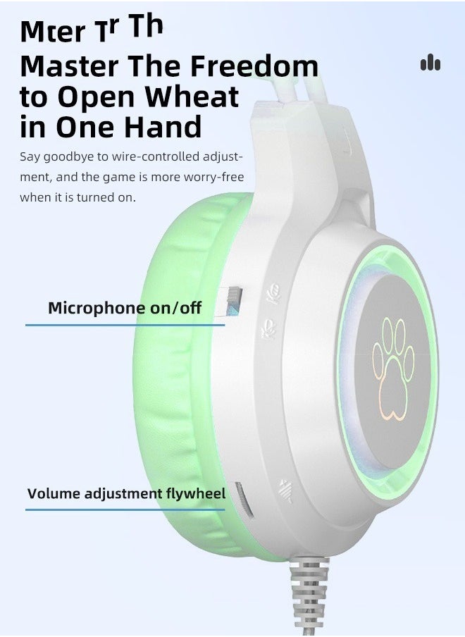 Wired Bluetooth Gaming Headset with Microphone, Cat Ear Headphones with RGB LED Light Stereo Sound Over Ear Headphones