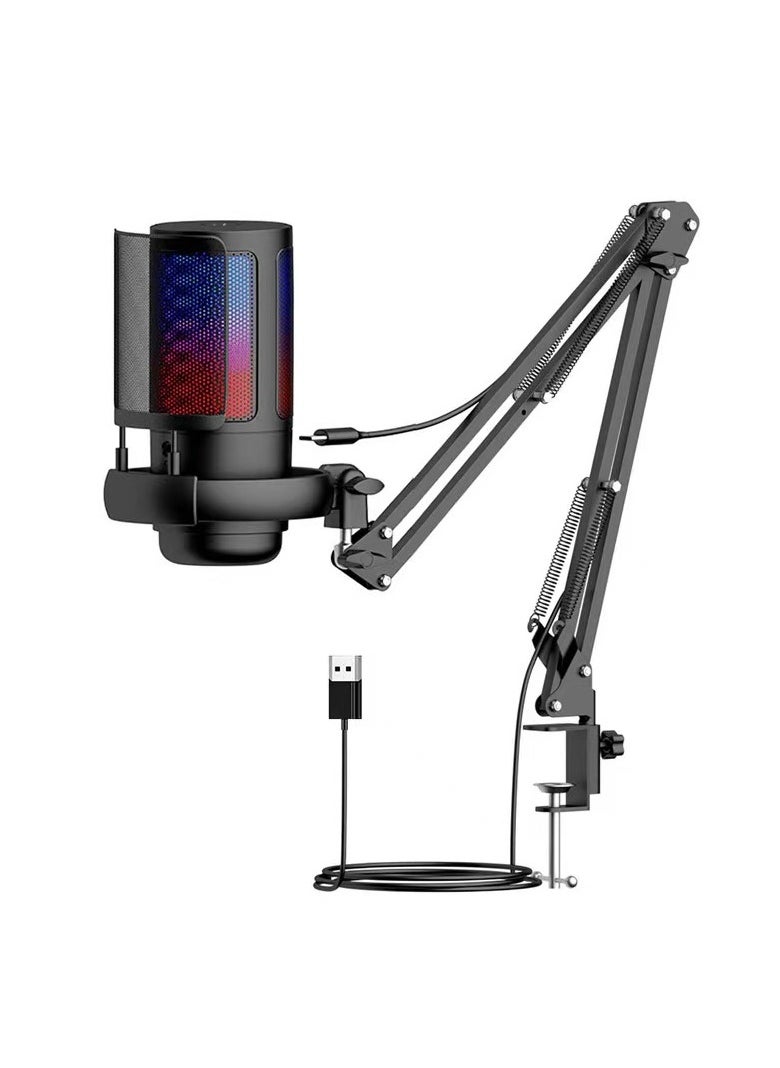 USB Gaming Microphone , Condenser Mic with Boom Arm for PC PS4/ PS5/ Mac/Phone with Touch Mute, RGB Lighting,Gain knob & for Streaming,Podcasting