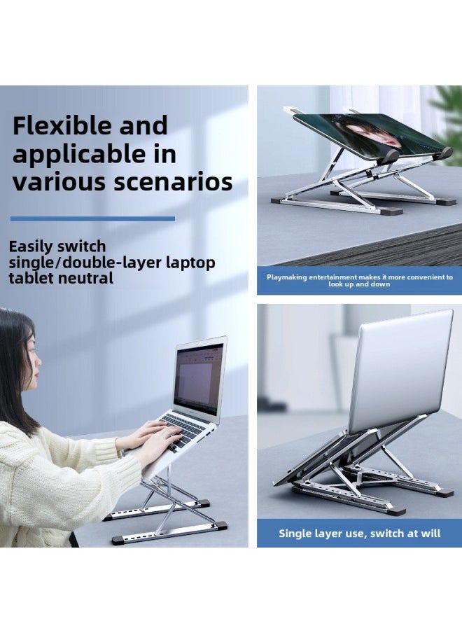 Laptop Bracket Double-layer Desktop Aluminum Alloy Metal Bracket Folding Heat Dissipation Lifting Flat Bracket-Color:N8 Aluminum Alloy Black-7+9 Gear Large Size
