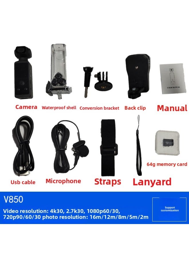 4K HD Anti-shake Pocket Sports Camera Mini Handheld Camera Outdoor Riding Camera-Color:Black Sports Camera 64GB Memory Card