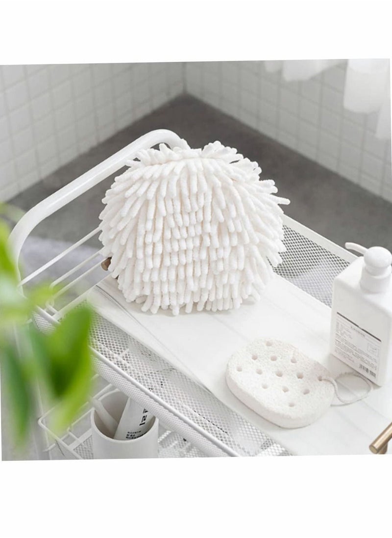 Chenille Absorbent Fluff Ball Towel, Soft Round Hanging Hand Towel for Instant and Convenient Drying of Your Hands (2-Pack, White Grey)
