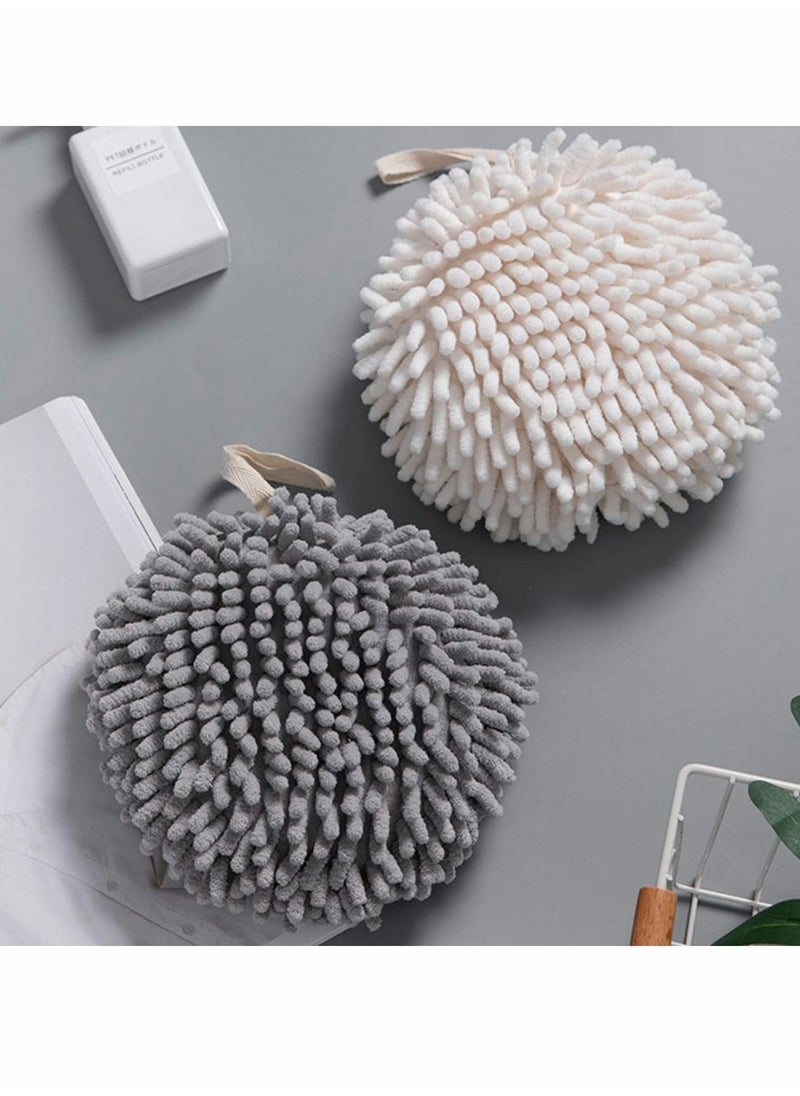 Chenille Absorbent Fluff Ball Towel, Soft Round Hanging Hand Towel for Instant and Convenient Drying of Your Hands (2-Pack, White Grey)