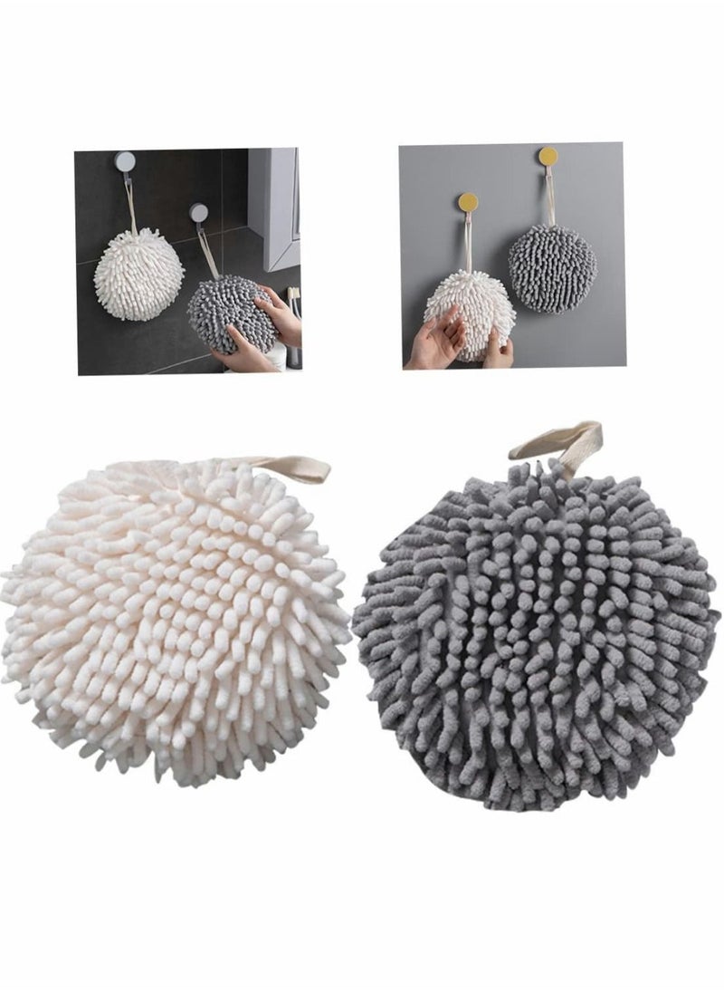 Chenille Absorbent Fluff Ball Towel, Soft Round Hanging Hand Towel for Instant and Convenient Drying of Your Hands (2-Pack, White Grey)