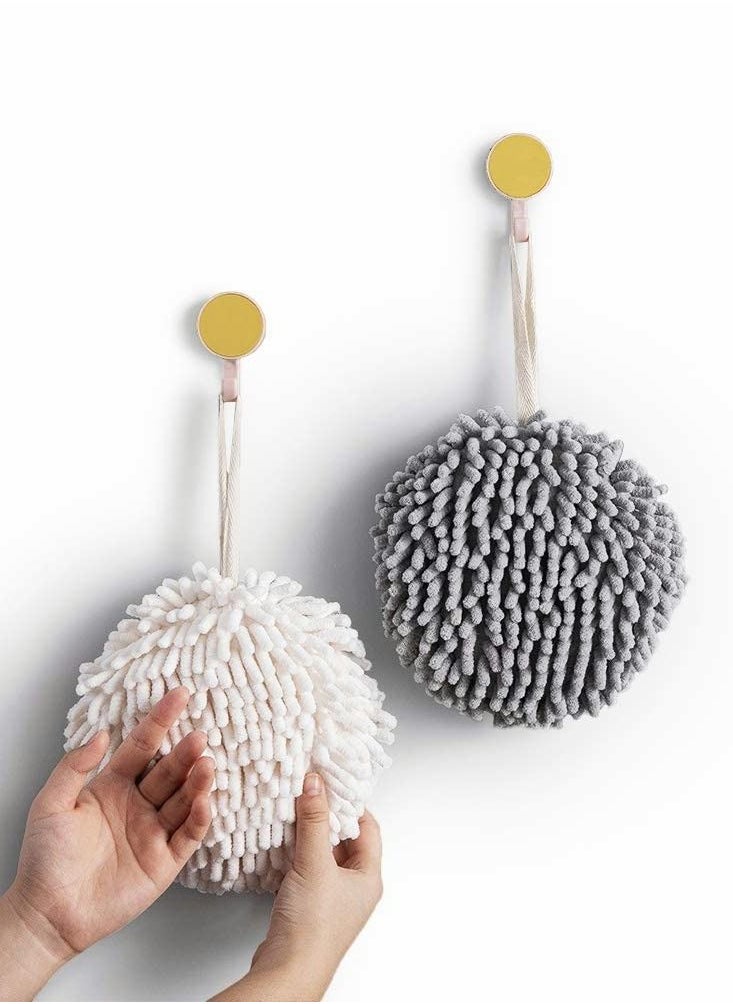 Chenille Absorbent Fluff Ball Towel, Soft Round Hanging Hand Towel for Instant and Convenient Drying of Your Hands (2-Pack, White Grey)