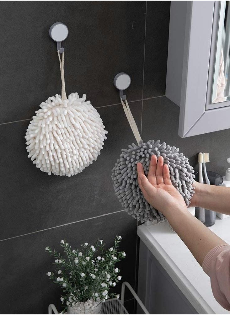 Chenille Absorbent Fluff Ball Towel, Soft Round Hanging Hand Towel for Instant and Convenient Drying of Your Hands (2-Pack, White Grey)