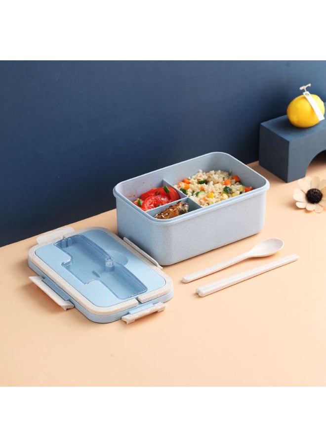 Wheat Portable Insulated Lunch Box Three-compartment Lunch Box For Students Women's Portable Microwave Heating Sealed Office Student Lunch Box-Specifications:Nordic Blue (three Grids 1500ml)-Color:Free (stainless Steel) Chopsticks And Spoons + Light Pink Insulation Bag