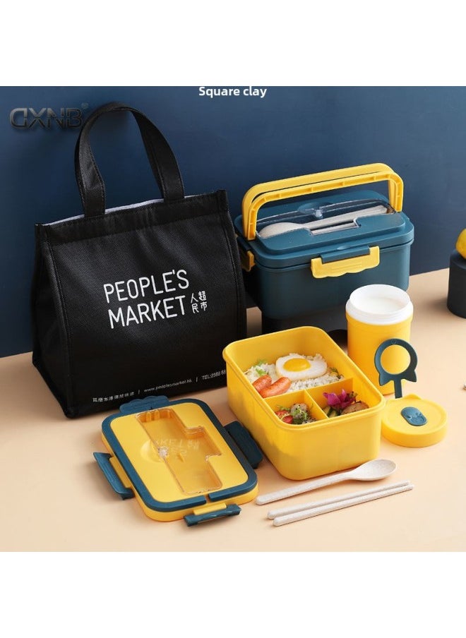 Wheat Portable Insulated Lunch Box Three-compartment Lunch Box For Students Women's Portable Microwave Heating Sealed Office Student Lunch Box-Specifications:Navy Blue (three Grids 1000ml)-Color:Free (wheat) Chopsticks And Spoons