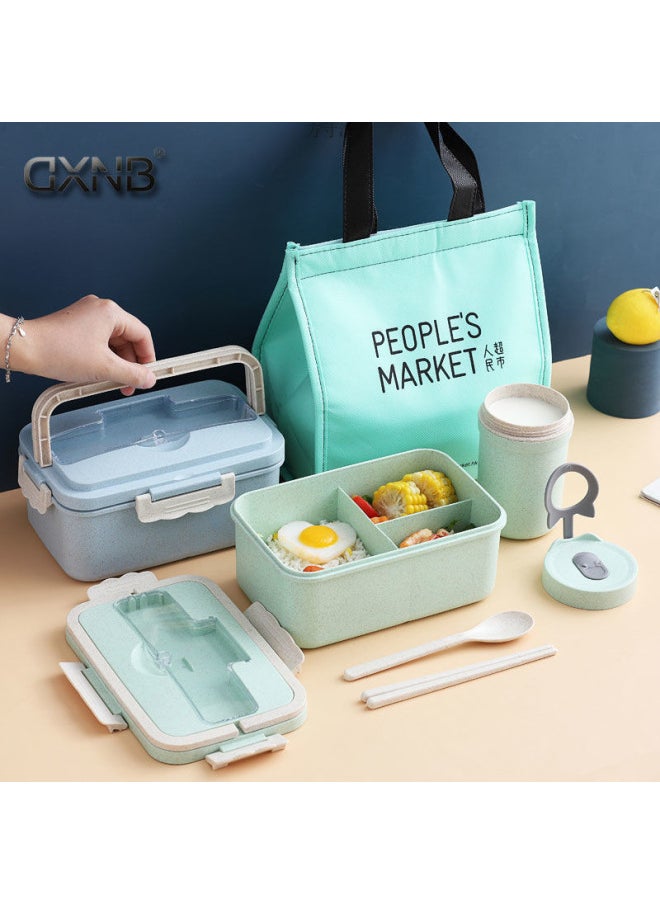 Wheat Portable Insulated Lunch Box Three-compartment Lunch Box For Students Women's Portable Microwave Heating Sealed Office Student Lunch Box-Specifications:Navy Blue (three Grids 1000ml)-Color:Free (wheat) Chopsticks And Spoons