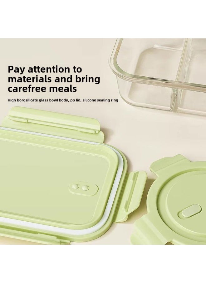 Glass Lunch Box Microwave Oven Heating Fresh-keeping Bowl Lunch Box For Suit Office Workers 2025 Lunch Box Soup Bowl Combination-Specifications:Matcha Green  + Panda Bag + Panda Stainless Steel Tableware
